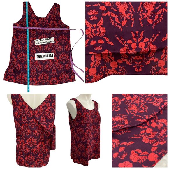 CAbi Top Style #3258 Womens Medium Cameo Print Red Purple Split Back Blouse Work - Picture 7 of 16